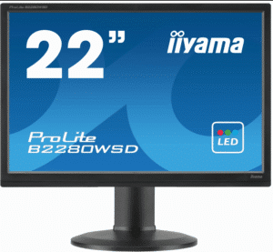 Ilyama ProLite B2280WSD 22-inch LED monitor front view showing black bezel and stand with VGA and DVI-D connectivity