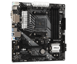 ASRock A320M-PRO4-F socket AM4 motherboard front view showing PCB layout with CPU socket, RAM slots, power connectors, and integrated heatsink
