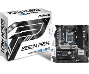 ASRock B250M Pro4 Retail socket 1151 motherboard shown with product box and motherboard component view