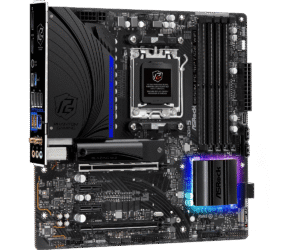 ASRock B650M PG Riptide Wifi moederbord bovenaanzicht met geïntegreerde VRM-koeling, RAM-slots, M.2-slots en blauwe/paarse accent-verlichting