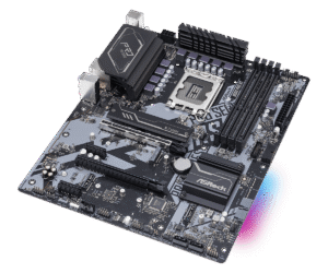 ASRock B660M Pro RS Retail Socket 1700 moederbord bovenaanzicht met CPU-koeler gemonteerd, RAM-slots, uitbreidingskaartsloten en RGB-verlichting zichtbaar
