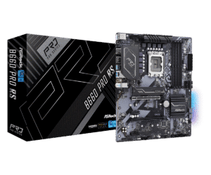 ASRock B660M Pro RS Retail Socket 1700 - moederbord met verpakking, bovenaanzicht van PCB met VRM-componenten en aansluitingen zichtbaar