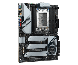 ASRock TRX40 Creator motherboard front view showing socket TRX40, multiple RAM slots, PCIe slots, and power delivery components on black and white PCB
