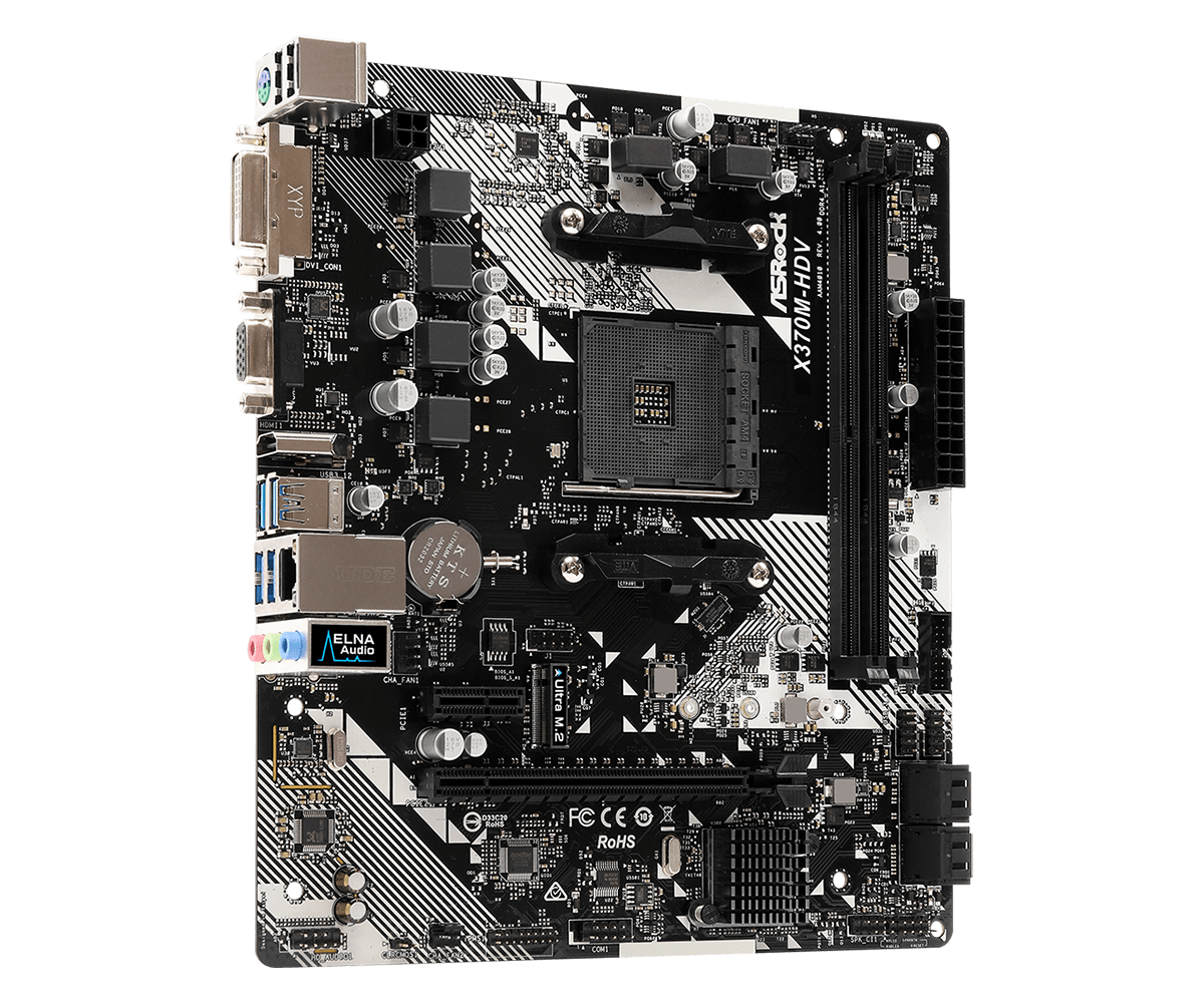 ASRock X370M-HDV R4.0 AM4 motherboard front view showing PCB layout with CPU socket, RAM slots, and expansion ports