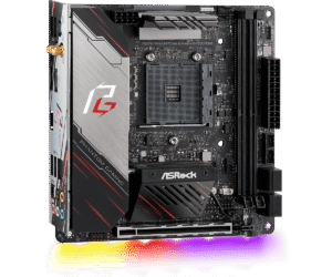 ASRock X570 Phantom Gaming-ITX/TB3 motherboard top view showing the socket, VRM heatsinks, and RGB lighting along the bottom edge