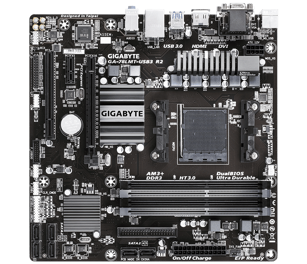 Gigabyte GA-78LMT-USB3 R2 AM3+ motherboard front view showing circuit board layout with CPU socket, RAM slots, and component arrangement