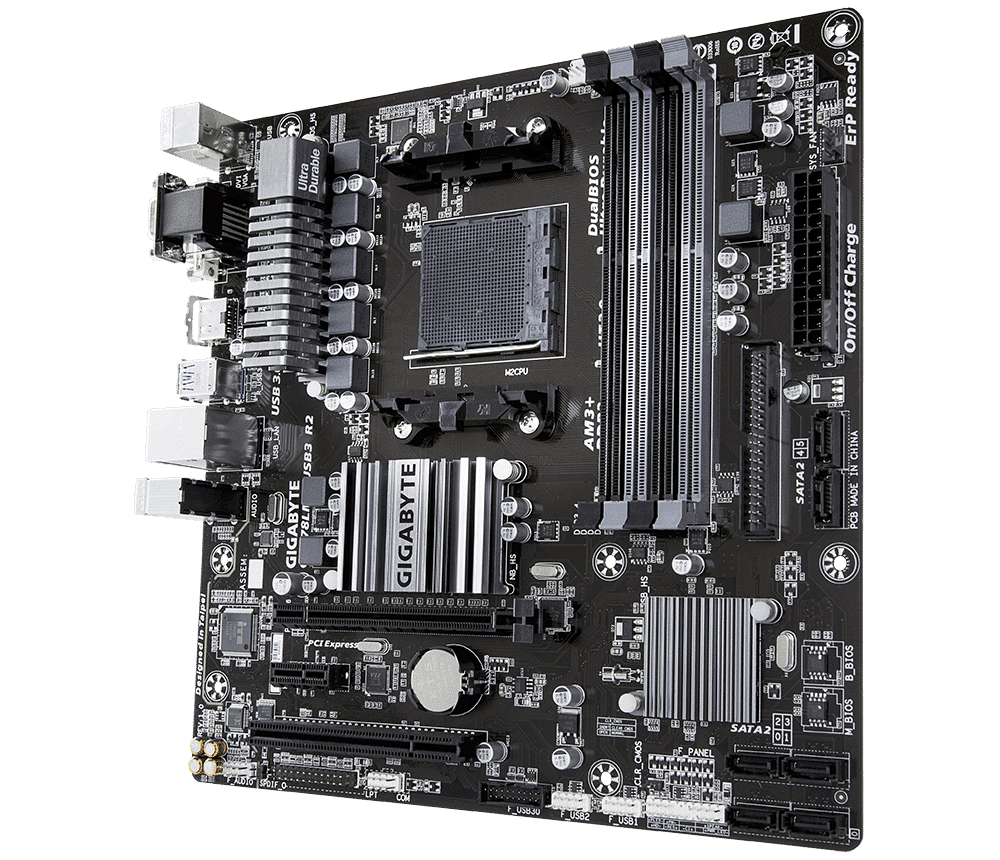 Gigabyte GA-78LMT-USB3 R2 AM3+ motherboard top-down view showing CPU socket, RAM slots, heatsinks, and PCB layout
