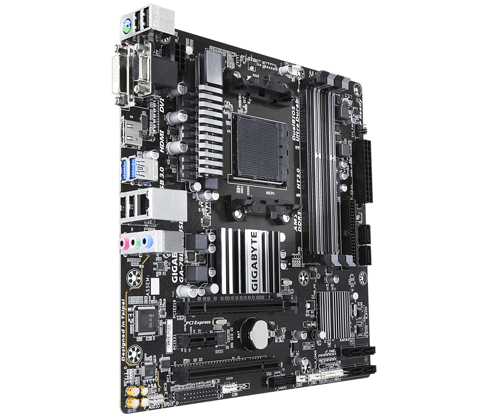 Gigabyte GA-78LMT-USB3 R2 AM3+ motherboard front view showing circuit board layout with CPU socket, RAM slots, power connectors, and I/O ports