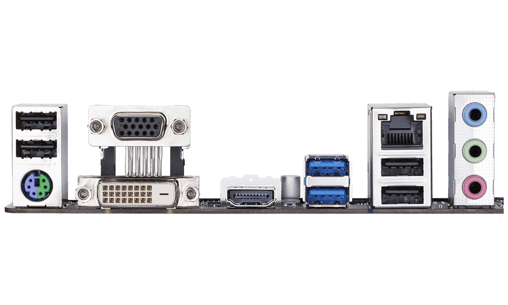 Gigabyte GA-78LMT-USB3 R2 AM3+ motherboard rear I/O panel showing ports including USB headers, VGA connector, audio jacks, and USB 3.0 headers