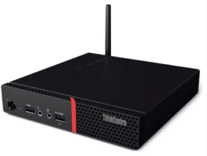 Lenovo Thinkcentre M715q Micro AMD A6-8570E R5 – 8GB – 128GB M.2 Wifi, front and side view showing compact black desktop unit with antenna, ports, and red accent stripe