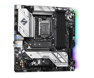 Asrock B460M Steel Legend Socket 1200 moederbord bovenaanzicht met zwart-wit design, geïntegreerde heatsinks en RGB-verlichting aan de randen