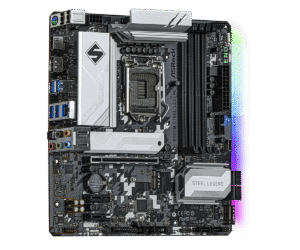 Asrock B560M Steel Legend LGA1200 moederbord bovenaanzicht met zwart-witte PCB, Intel LGA1200 socket, uitgebreide voeding- en connectiviteitscomponenten, en RGB-verlichting accenten