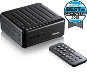 ASRock Beebox J3160 Barebone met bijgeleverde afstandsbediening, vooraanzicht met Tom's Guide Best for 2015 award badge