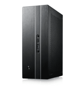 ASRock Deskmini GTX1060 Barebone voorzijde, zwart compact computerbehuizing met verticale ventilatieopeningen en bedieningsknoppen