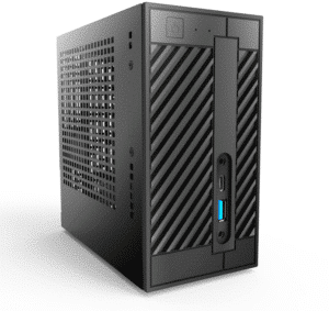 ASRock Deskmini 110 Barebone - voorkant met diagonale ventilatiesleuven en blauwe aan/uit-knop