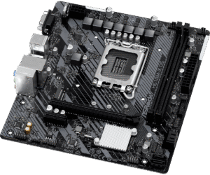 ASRock H610M-X D5 DDR5 Socket 1700 moederbord bovenaanzicht met CPU-socket, RAM-slots en uitbreidingssleuven zichtbaar