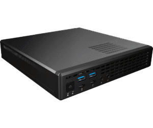 ASRock Jupiter H310 Barebone, front and top angled view showing compact black desktop chassis with front USB ports and ventilation grilles