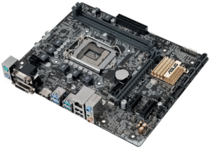 Asus H110M Plus-moederbord bovenaanzicht met CPU-socket, RAM-slots en chipset zichtbaar