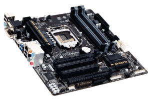 GigaByte GA-B85M-D3H motherboard top view showing the microATX circuit board with black PCB, LGA1150 socket, RAM slots, and various connectors and components