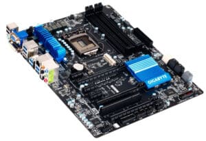 Gigabyte GA-Z77X-D3H Moederbord bovenaanzicht met zichtbare CPU-socket, RAM-sleuven, uitbreidingssleuven en blauwe heatsinks