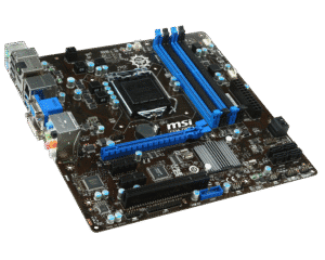 MSI CSM-Q87M-E43 socket 1150 moederbord - bovenaanzicht met blauwe heatspreaders en geïnstalleerde CPU-koelventilator