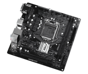 Asrock H410M-HVS R1.0 Socket 1200 moederbord bovenaanzicht met CPU-socket, RAM-slots, uitbreidingssloten en voedingscomponenten