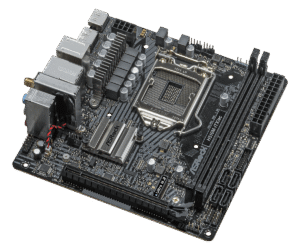 Asrock H510M-ITX/AC Socket 1200 moederbord bovenaanzicht met CPU-socket, RAM-slots, M.2-aansluiting en stroomconnectoren