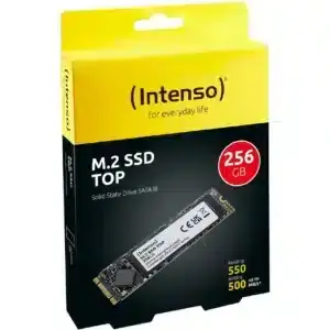 Intenso Top 256GB M.2 SSD product packaging front view showing the drive, specifications including 550 MB/s read speed and 500 MB/s write speed, displayed in retail box with yellow and black design