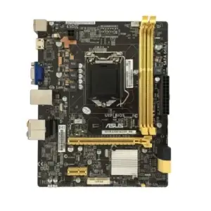 Asus H81M-E moederbord bovenaanzicht met gele en zwarte PCB, PCI-Express slots, RAM-sleuven en LGA 1150 socketgebied zichtbaar