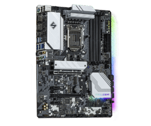 Asrock B560 Steel Legend socket 1200 moederbord bovenaanzicht met geïnstalleerde componenten en RGB-verlichting