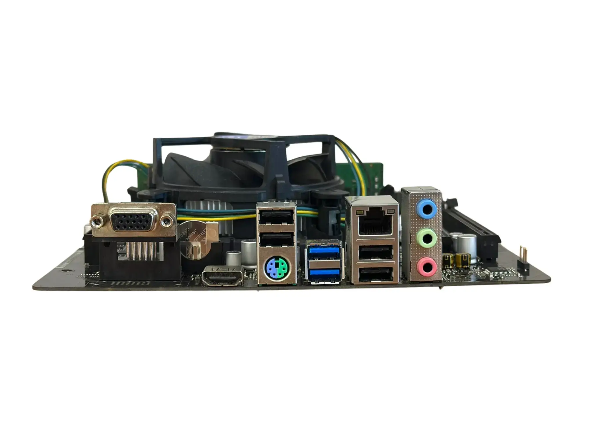 Asrock H410M-HVS moederbord - achterkant met I/O-paneel, USB-poorten, audioansluitingen en netwerkpoort zichtbaar