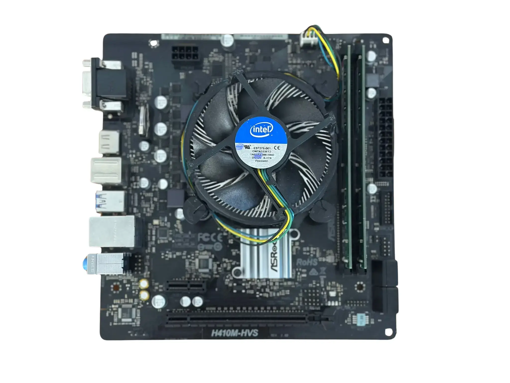 Asrock H410M-HVS motherboard with Intel i5 10500 CPU cooler mounted, front view showing PCB layout and components