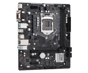 Asrock H470M-HDV/M.2 Socket 1200 moederbord bovenaanzicht, zwart PCB met CPU-socket, RAM-slots, M.2-slot, SATA-poorten en back-panel I/O-aansluitingen zichtbaar