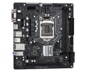 Asrock H470M-HDV Socket 1200 moederbord bovenaanzicht met CPU-socket, RAM-slots, uitbreidingsslots en aansluitingen zichtbaar