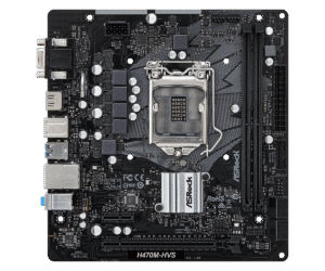 Asrock H470M-HVS Socket 1200 moederbord bovenaanzicht, met CPU-socket, RAM-slots, PCIe-slots, vermogensconnectoren en overige componenten zichtbaar