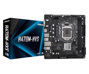 Asrock H470M-HVS Socket 1200 moederbord met verpakking, bovenaanzicht van PCB met componentenlay-out zichtbaar