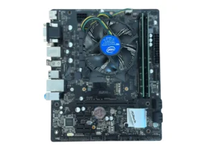 Asrock H510M-HDV/M.2 motherboard with Intel i5-10500 CPU and blue cooler installed, top view showing PCB layout and components