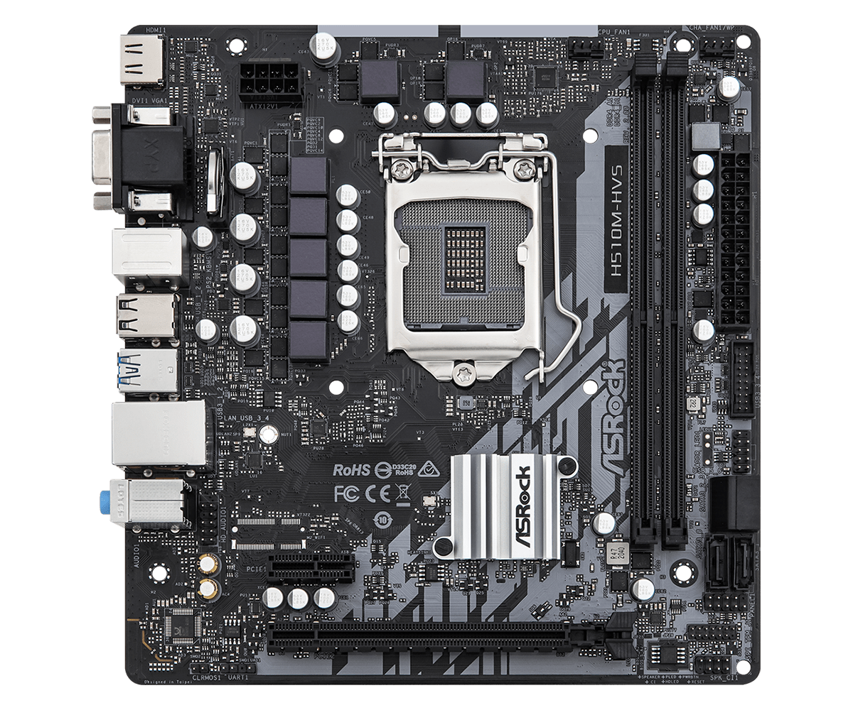 Asrock H510M-HVS R2.0 Socket 1200 motherboard front view showing CPU socket, RAM slots, PCIe slots, and various connectors on black PCB