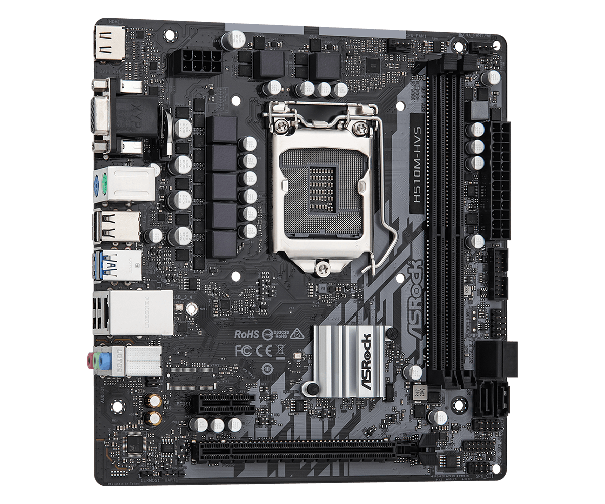 Asrock H510M-HVS R2.0 Socket 1200 motherboard top view showing CPU socket, RAM slots, and component layout