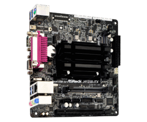 ASRock J4125B-ITX Moederbord - bovenaanzicht met geïntegreerde J4125-processor, RAM-slot, SATA-aansluiting en roze gemarkeerde I/O-paneel