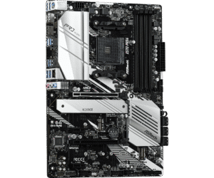 ASRock X570 Pro4 AMD AM4 motherboard top-down view showing PCB layout, CPU socket, power delivery heatsinks, and expansion slots