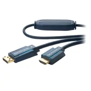 DisplayPort-naar-HDMI-kabel 1,0m (4K@60Hz) Clicktronic 70719, overzicht met DisplayPort-stekkers en HDMI-aansluiting met ferritiekern