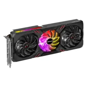 Asrock Intel Arc A770 Phantom Gaming D 8GB OC - vooraanzicht met drie RGB-geïlumineerde ventilatoren in paars, geel en rood licht
