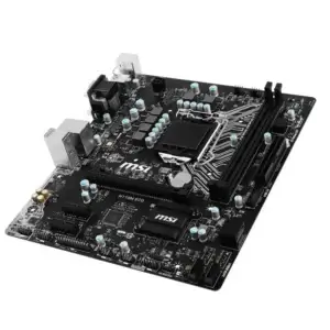 MSI H110M-ECO socket 1151 motherboard angled top view showing black PCB with integrated heatsinks, CPU socket, RAM slots, and power connectors