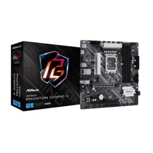 Asrock Z690M Phantom Gaming 4 Socket 1700 Retail - productafbeelding met verpakking links en moederbord rechts