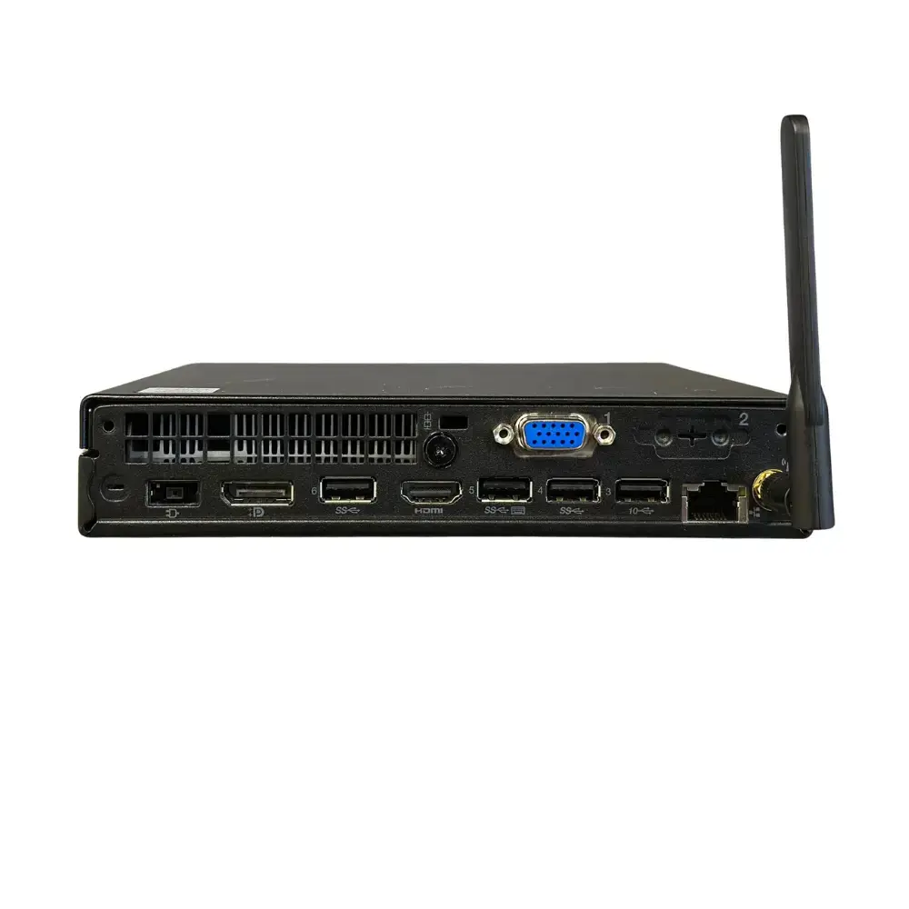 Lenovo ThinkCentre M70q - i3 10100t - 256GB Nvme - 8GB - Wifi - Windows 11, achterkant met aansluitingen (VGA, USB, Ethernet) en WiFi-antenne