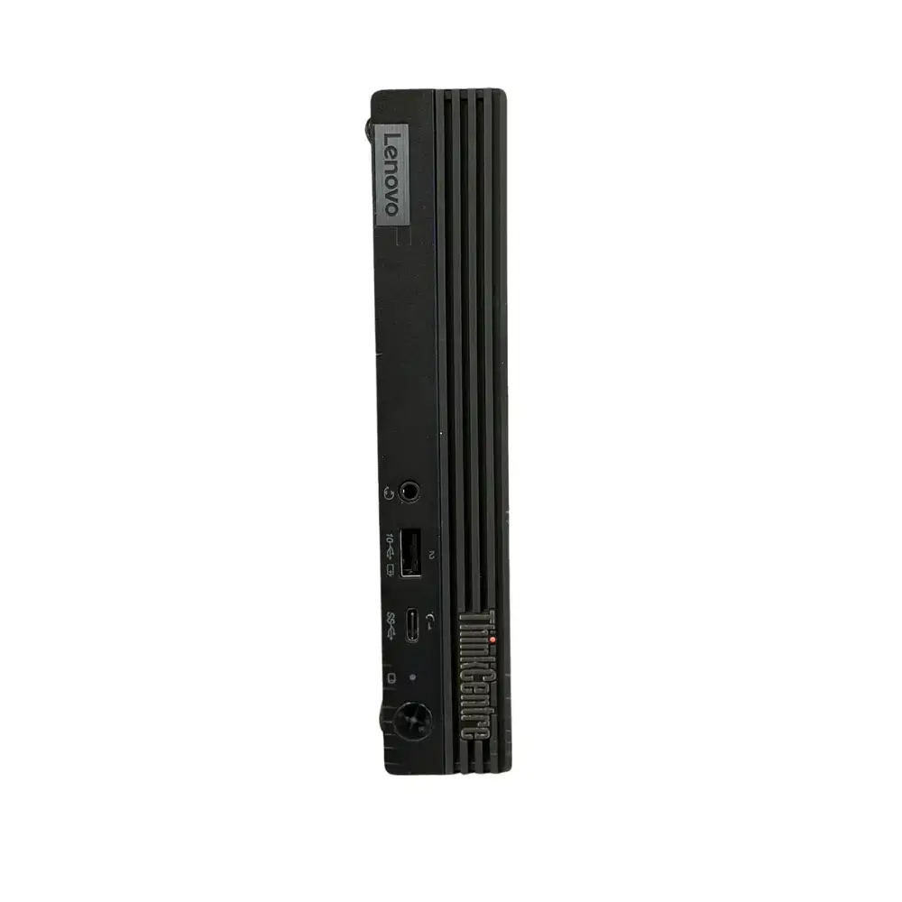 Lenovo ThinkCentre M70q - i3 10100t - 256GB Nvme - 8GB - Wifi - Windows 11, voorkant met USB-poorten en aan/uit-knop zichtbaar