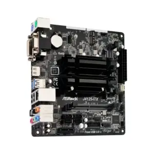 ASRock J4125-ITX Moederbord - bovenaanzicht met geïntegreerde processor, RAM-sleuf, uitbreidingskaarten en aansluitingen