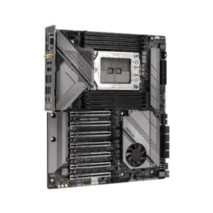 ASRock WRX80 Creator moederbord bovenaanzicht met CPU-socket, RAM-slots en chipset zichtbaar