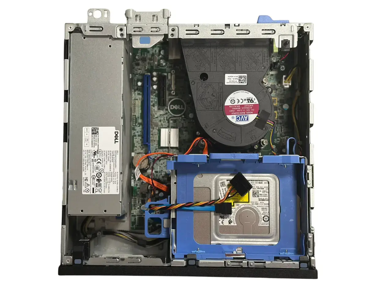 DELL OptiPlex 7070 Sff internal components view showing motherboard, power supply, cooling fan, and storage drive